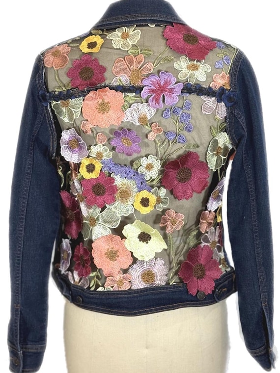 Upcycled Dark Denim Jacket with Sheer Floral Embroidered Mesh Back