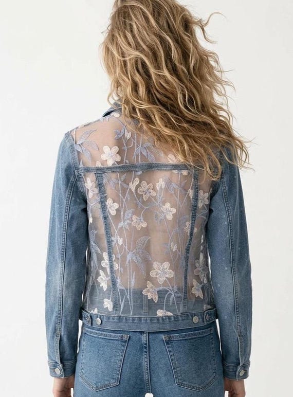Embroidered Floral Sheer Back Denim Jacket, Upcycled Boho Festival Fashion,Fits M/L