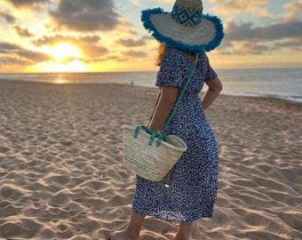 French Market Basket – Turquoise Straw Tote – Boho Beach Bag – Moroccan Handwoven Palm Basket – Leather Handles – Free Shipping US