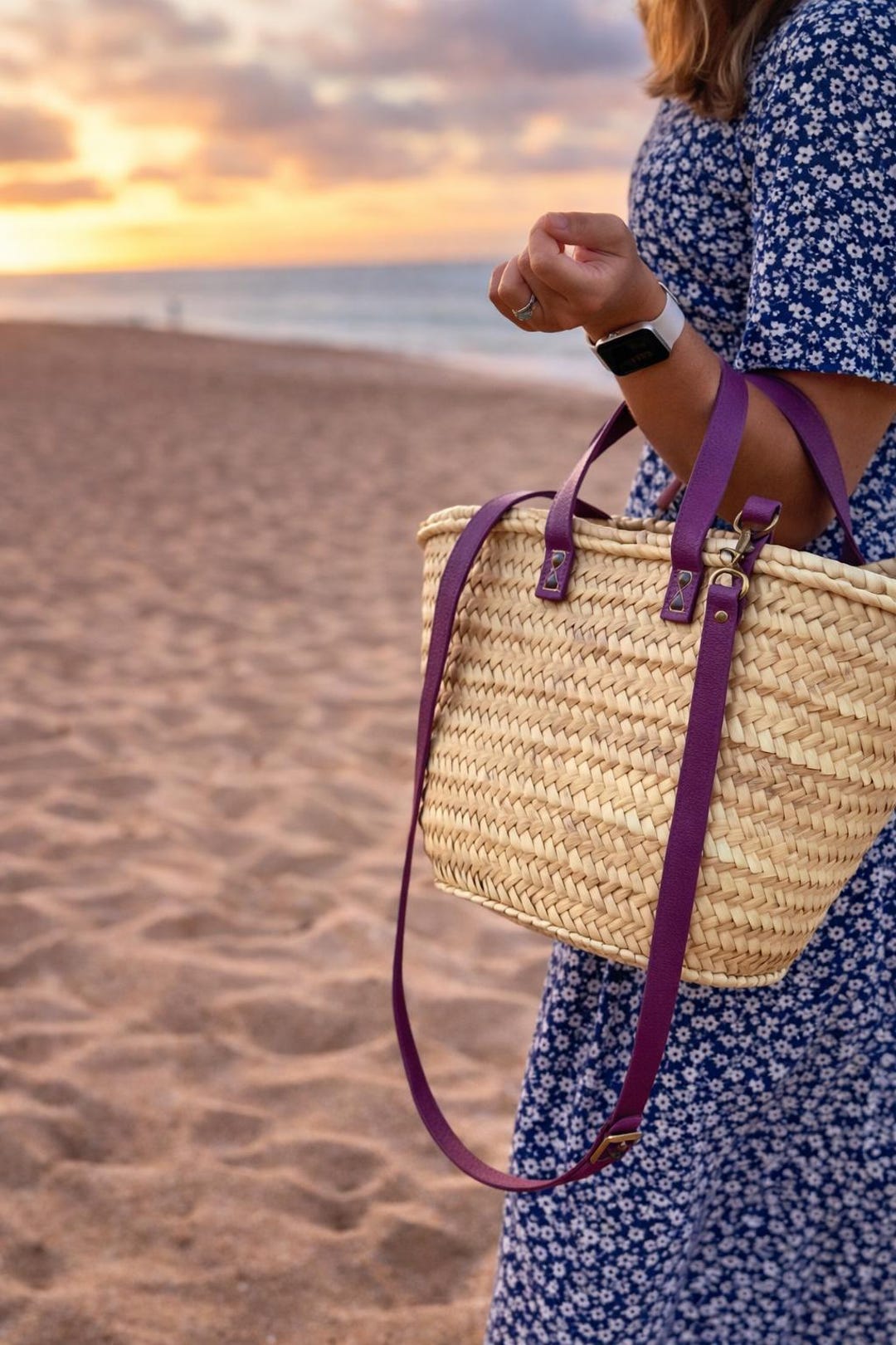 Moroccan Straw Basket Bag - Purple Leather Handles – Handwoven