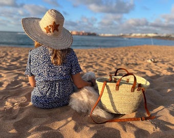 French Market Basket – Brown / Orange Straw Tote – Boho Beach Bag – Moroccan Handwoven Palm Basket – Leather Handles – Free Shipping US