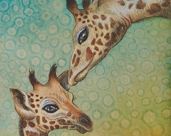 Mom and Baby Giraffe - Original Watercolor and Ink Pen Painting