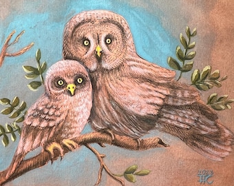 Mother and Baby Owl - Original Watercolor and Ink Pen Painting