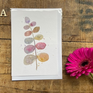 Acquerello, dipinto a mano, originale, artistico, biglietto vuoto, grazie, biglietto d'auguri, nuova casa, con simpatia, piante, foglie, stile semplice