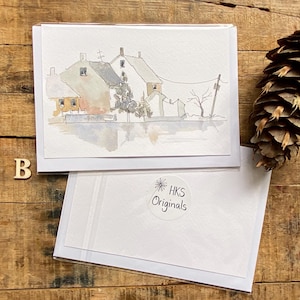 Cartes vierges aquarelles peintes à la main, cartes de remerciement, cartes de voeux, cartes de Noël, villages, maisons, neige, hiver, bord de lac