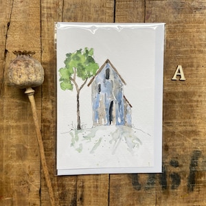 Handgemaltes Aquarell, abstrakte Kunst, Hütten, Häuser, Quartiere, Geschenkkarten, neues Zuhause, danke