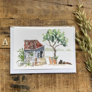 Cartes vierges aquarelles peintes à la main, carte de voeux, originale, art, nouvelle maison, jolies maisons, maisons, arbres, forêt