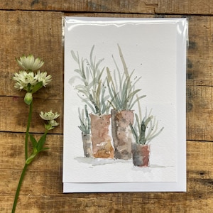 Acquerello originale dipinto a mano, arte, biglietto vuoto, ringraziamento, biglietto d'auguri, nuova casa, giardino, vasi, piante