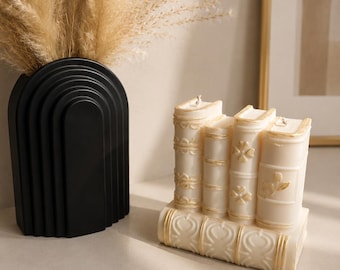 Vintage Book Stack Candle, Embossed Antique Details, Soy Wax Literary Decor