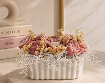 Hand-Poured Floral Candle Centerpiece, Rose Ivory Pastel Blue, Ceramic-Style Base Home Decor