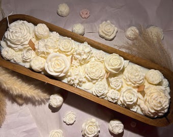 Floral Soy Wax Dough Bowl Candle, Scented Wood Bowl, Home Decor