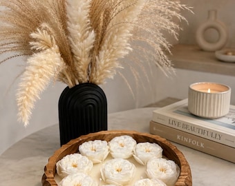 Luxury Handmade White Flower Candle Bowl, Elegant Floral Candle Centerpiece, Natural Wooden Bowl, Ivory Flower Candles, Minimalist Decor