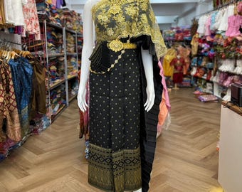 Robe thaïlandaise Royal Black Gold - Jupe traditionnelle châle deux couches pour événements