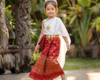 Girls Thai Traditional Silk Outfit, Jacquard Sabai, Wrap Sarong Costume