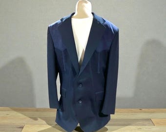 Vintage Pagano West Sport Coat Mens 44L Western Rodeo Faux Suede Yoke Navy Blue