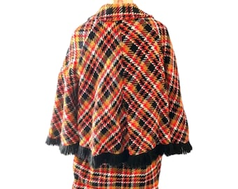 Vintage Walking Cape Coat Fall Fashionbilt Casuals Plaid Poncho Vibrant Red Black Gold White Fringe Trim