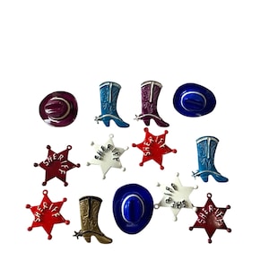 13 Pc Set Western Pins Lapel Hat Enamel Cowboy Boot Hat Sheriff Pendant Charm Gift under 20 New Old Stock Vintage SA12