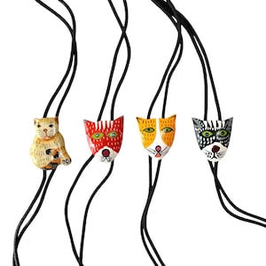 Hand Painted Cat Bolo Tie: Vintage Western Lariat Necklace