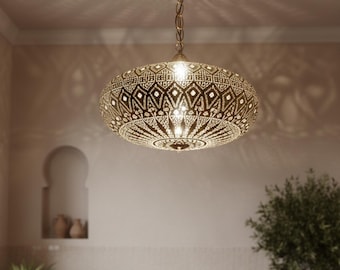 Handmade Moroccan Brass Pendant Light, Engraved Hanging Lamp, Boho Moorish Ceiling Fixture