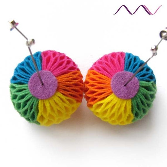 Items similar to colorful beach felt ball earrings \/ clipon earrings