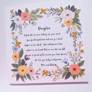 To our daughter on her wedding day card, Wedding Day Card for Daughter, Wedding Day keepsake from parents, wdp8