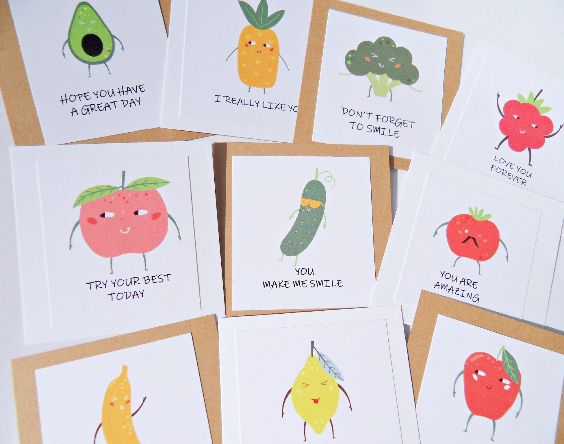 Kids Encouragement Cards, 10 Funny Cards for Kids, Positivity Cards,  Anxiety Support Cards, Veggie Theme Cards, Proud of You Card 