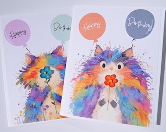 Funny Whimsical Cat Birthday Card, Kids Birthday, Cat Lover Cards