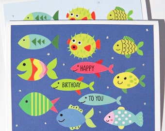 Cute Sea Animals Birthday Card, Under The Sea Birthday, Girl Birthday Card, Boy Birthday Card, Funny Nautical Fish Birthday Cards, bfbc