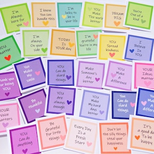 Biglietti di ringraziamento stampabili, mini biglietti di positività, 75 piccoli biglietti di incoraggiamento, sacchetti regalo per il compleanno, biglietti di auguri per il pranzo, incoraggiamento per bambini