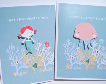 Mermaid Kids Birthday Cards, First Birthday, Cards for little girls, Mermaid Birthday cards, Nautical Birthday, mjf