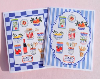 Italian Coastal Cards, Food Illustration, Set of 2 cards, Amalfi Coast, Mediterranean Travel