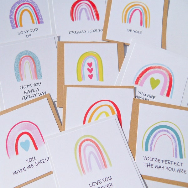 Small Encouragement Cards. 10 Lunchbox Notes. Positivity Cards. Anxiety Support Cards. Back to School cards. Rainbow Cards. Proud of You