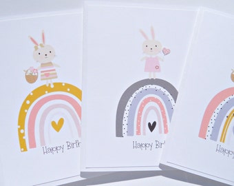 Kids Birthday Card, First Birthday, Cards for little girls, Bunny Rabbit Card, Rainbow Cards, Balloons, bcc4