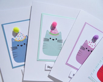 Cute Kitty Kids Birthday Card - Cat Birthday Cards - Birthday Cards for Cat Lovers - Cat Cards - Party Hats Cards - Friendship Cards - cbc11