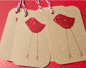Christmas Bird Gift Tags, 10 Red Glitter Gift Tags, Christmas Present Gift Tag, Holiday Gift Tags cgt1