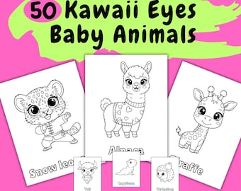 Kawaii Eyes Baby Animals Coloring Pages, Book For Kids, Big Eyes (Printable PDF)