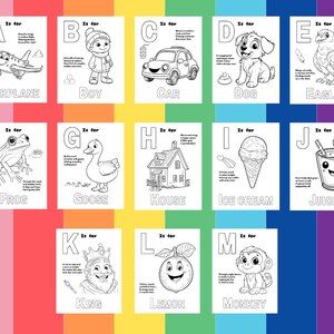 May include: Black and white alphabet coloring pages featuring illustrations of an airplane, boy, car, dog, eagle, frog, goose, house, ice cream, juice, king, lemon, and monkey. Each letter is accompanied by a word and a short description.