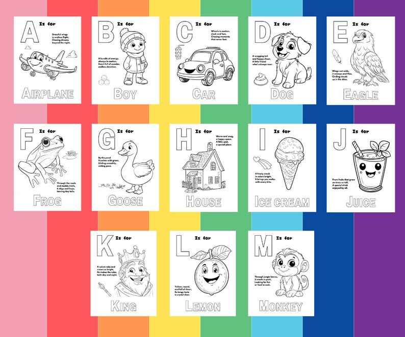 May include: Black and white alphabet coloring pages featuring illustrations of an airplane, boy, car, dog, eagle, frog, goose, house, ice cream, juice, king, lemon, and monkey. Each letter is accompanied by a word and a short description.