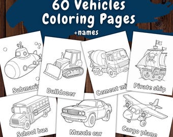 60 páginas para colorear de vehículos para niños, libro para colorear de jardín de infantes, libro para colorear fácil de transporte, coches de construcción, imprimible (PDF)