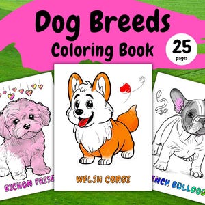 Könnte beinhalten: Ein Malbuch mit 25 Seiten verschiedener Hunderassen. Der Einband zeigt einen Bichon Frisé, einen Welsh Corgi und eine Französische Bulldogge. Das Buch trägt den Titel "Dog Breeds Coloring Book".