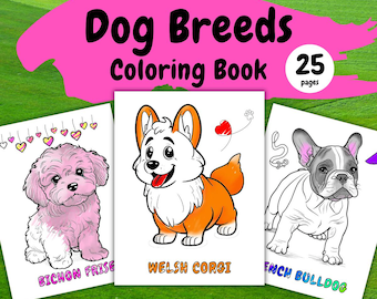 Dibujos para colorear de razas de perros, 25 láminas imprimibles de cachorros para colorear para niños y adultos, libro para colorear de animales relajante en PDF.