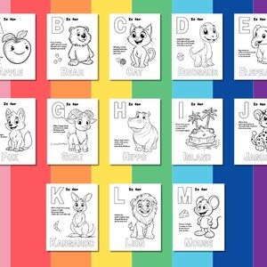 May include: Black and white coloring pages featuring the alphabet from A to M with illustrations of animals and objects. Each page includes the letter, the word, and a short description.