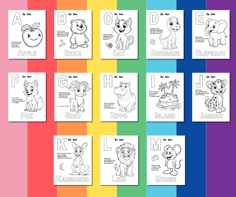 May include: Black and white coloring pages featuring the alphabet from A to M with illustrations of animals and objects. Each page includes the letter, the word, and a short description.
