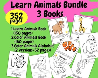Animals Learning and Coloring Bundle for Kids, Alphabet Pages, Preschooler Activity (PDF Digital Download)