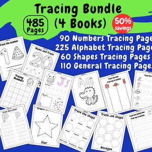 May include: A digital tracing bundle featuring 485 pages across 4 books, including 90 numbers, 225 alphabet, 60 shapes, and 110 general tracing pages. The display shows various worksheets with dotted lines, letters, numbers, and shapes on a blue background.