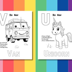 May include: Black and white coloring page featuring the letter V and a van with the word "VAN" below it. The text "Is for" appears above the letter V. The text "Beep and honk, it's time to play, driving down the bumpy way." appears below the van.