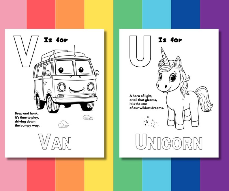 May include: Black and white coloring page featuring the letter V and a van with the word "VAN" below it. The text "Is for" appears above the letter V. The text "Beep and honk, it's time to play, driving down the bumpy way." appears below the van.