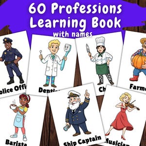 Puede incluir: Un libro de aprendizaje titulado "60 Profesiones" con ilustraciones de varias profesiones. Las imágenes incluyen un oficial de policía, dentista, chef, granjero, barista, capitán de barco y músico. Cada profesión está etiquetada con su nombre.