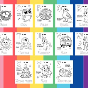 May include: Black and white alphabet coloring pages featuring various animals, objects, and words. The letters are in uppercase and each page includes a short description of the word.