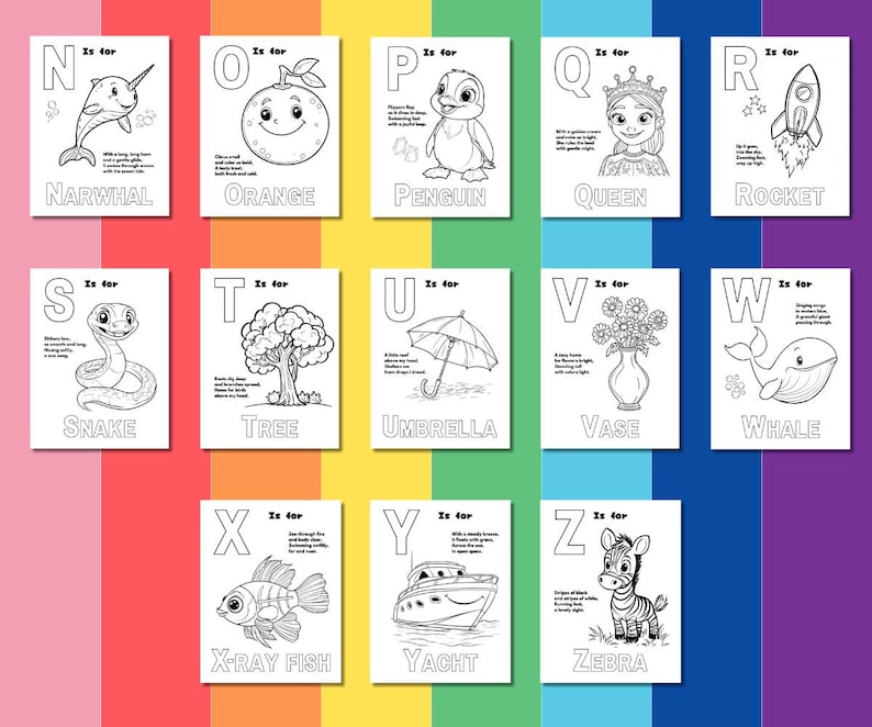 May include: Black and white alphabet flash cards with illustrations of various animals, objects, and characters. Each card features a letter of the alphabet, the word "Is for", and a corresponding image. The letters are in uppercase and the words are in lowercase.
